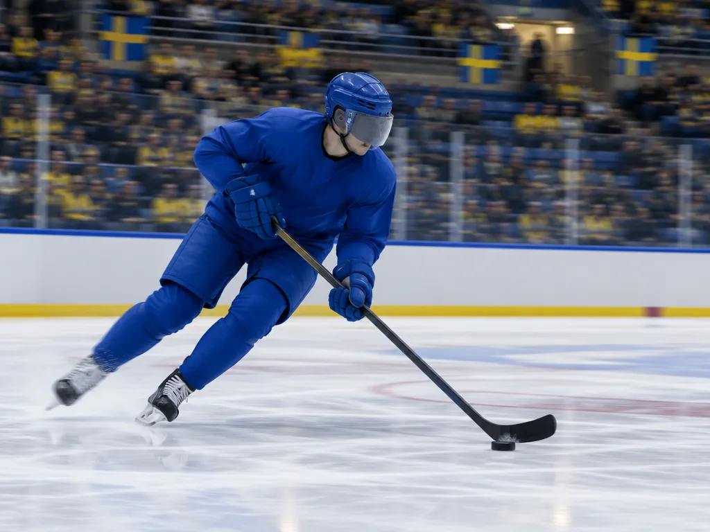 Hockeyforward med pucken i en svensk arena