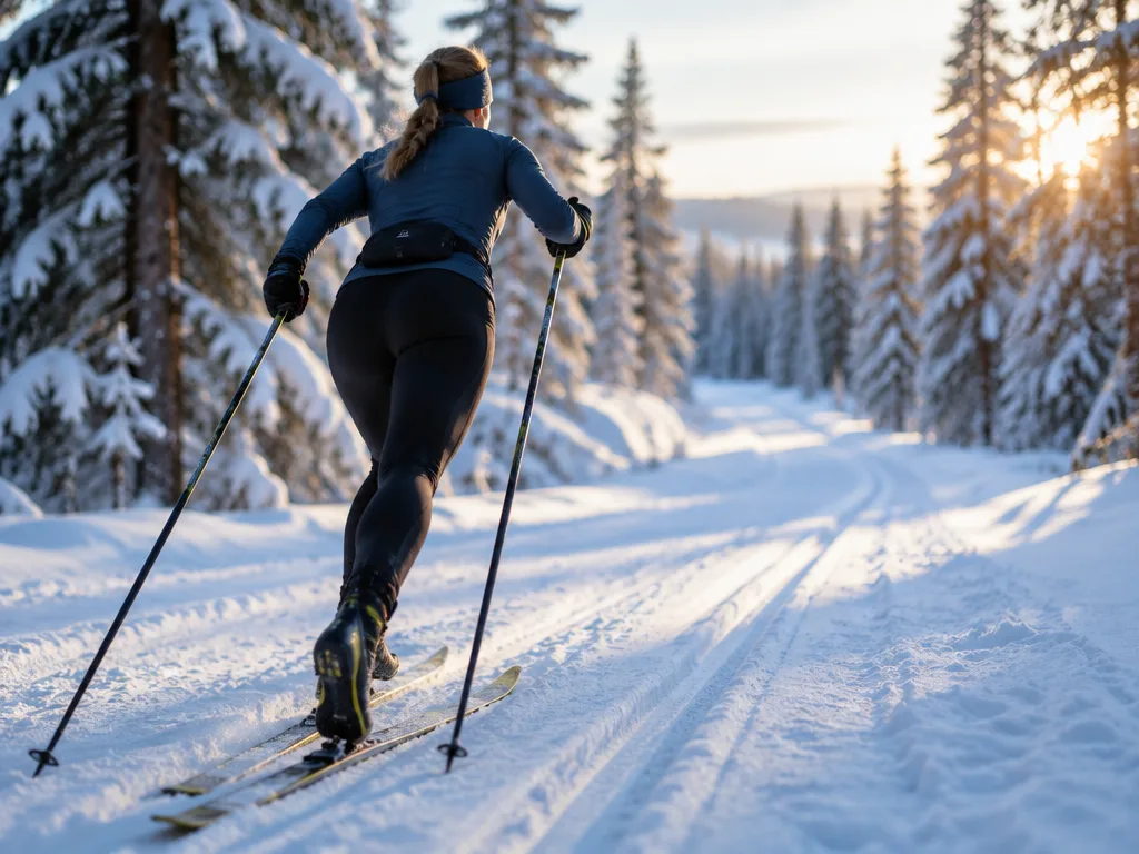 Längdskidåkare i klassiskt spår genom snötäckt granskog i morgonljus