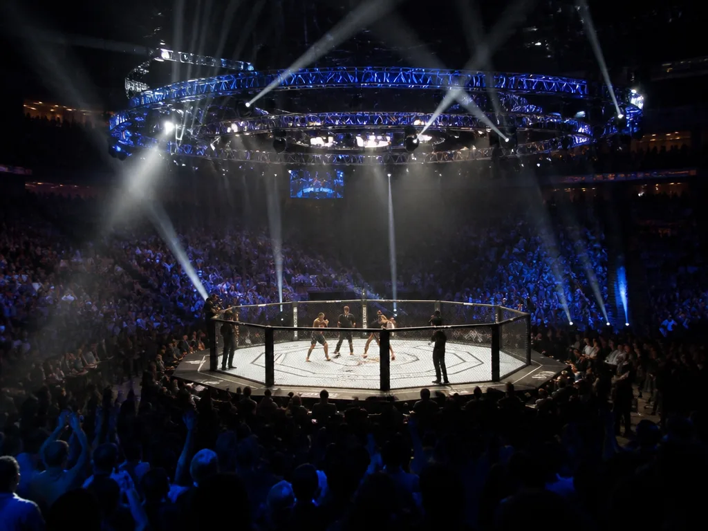 Upplyst MMA-bur i mitten av en fullsatt mörk arena på fightnight.
