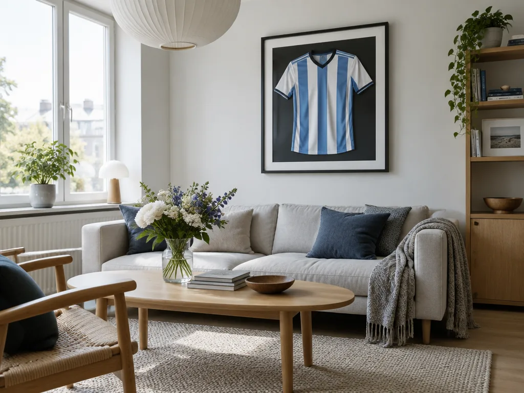 Vardagsrum med en inramad fotbollströja på väggen