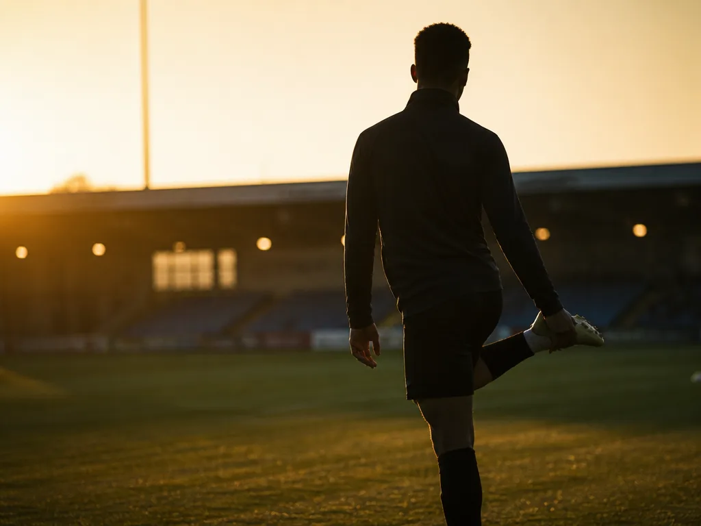 Ung fotbollsspelare värmer upp på en träningsplan i kvällsljus
