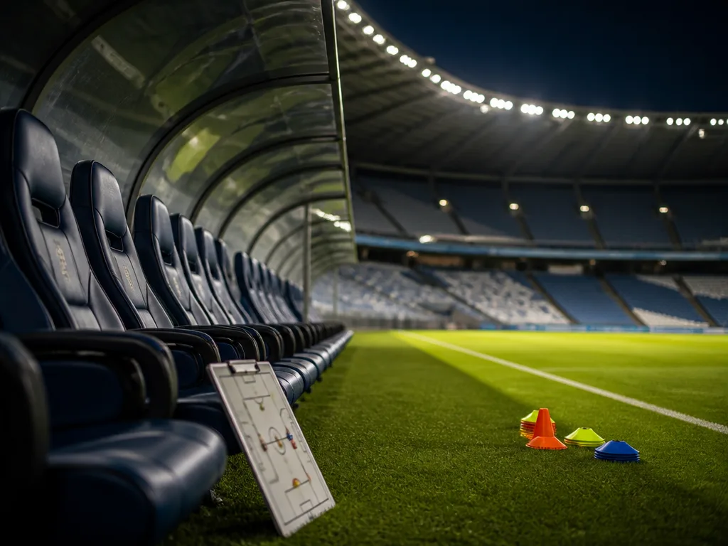 Tom tränarbänk och taktiktavla på en Serie A-arena i kvällsljus