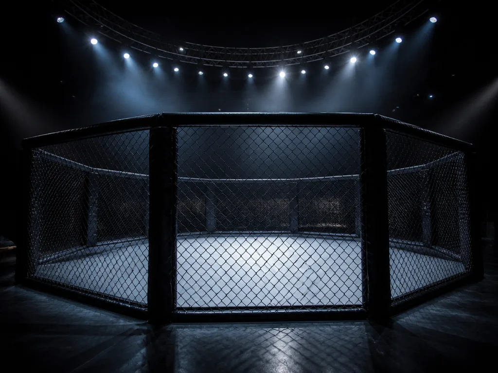 Tom MMA-bur i en arena med dramatiska strålkastare och nätstaket i förgrunden.