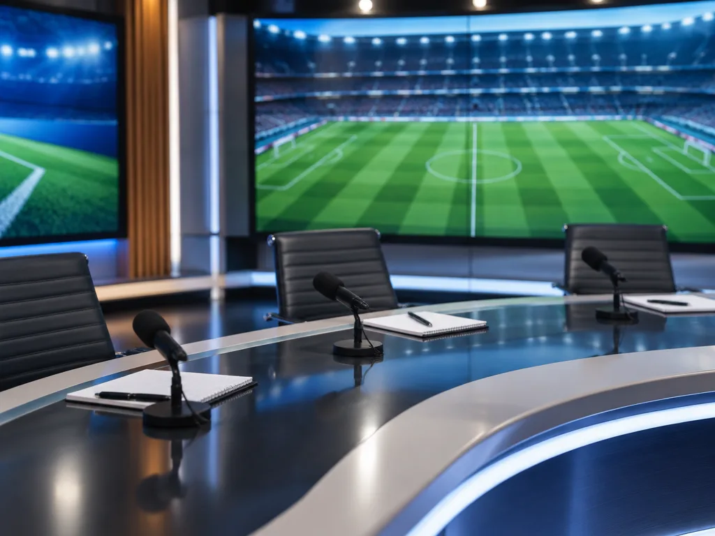 Tom tv-studio för fotboll med mikrofoner på expertbordet och en arena på storbildsskärmen