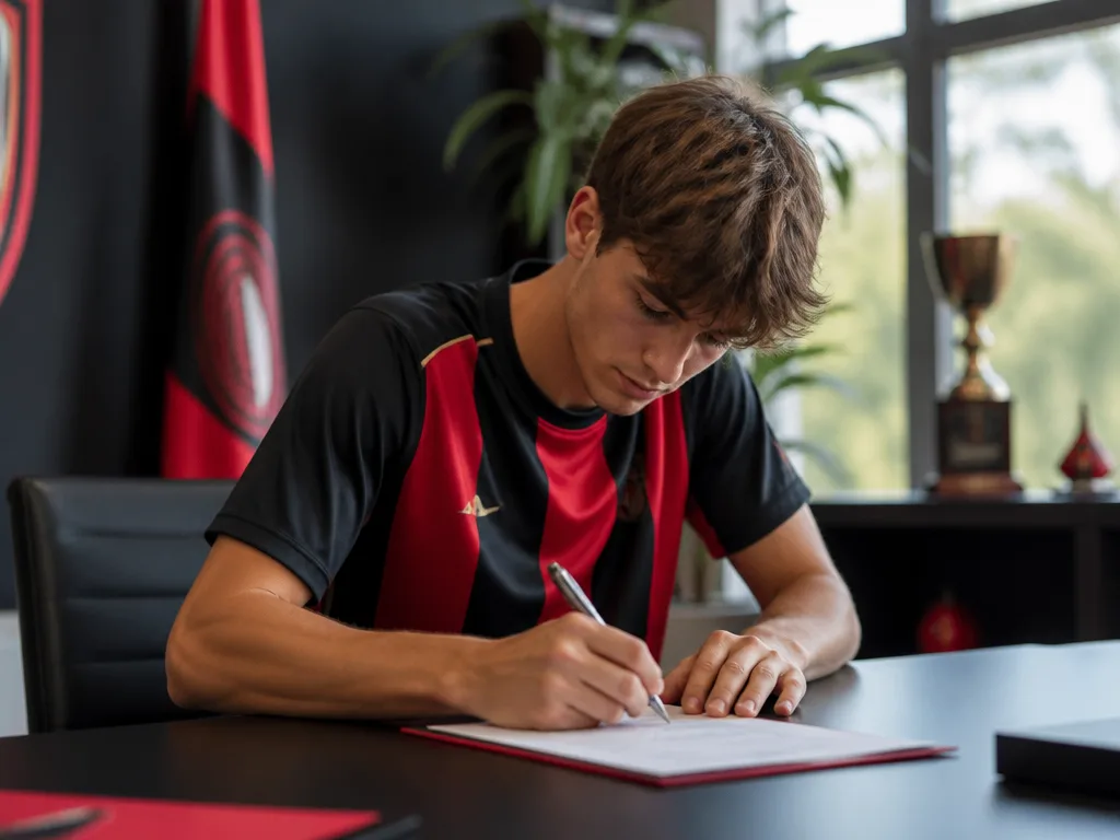 Ung fotbollsspelare skriver på ett proffskontrakt vid ett skrivbord med klubbfärger i bakgrunden