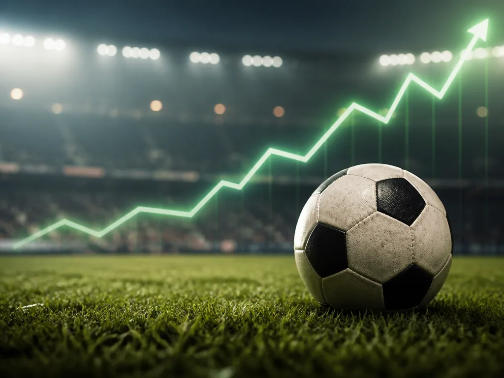 Fotboll på en grön arenaplan med en svagt lysande stigande graflinje i bakgrunden.