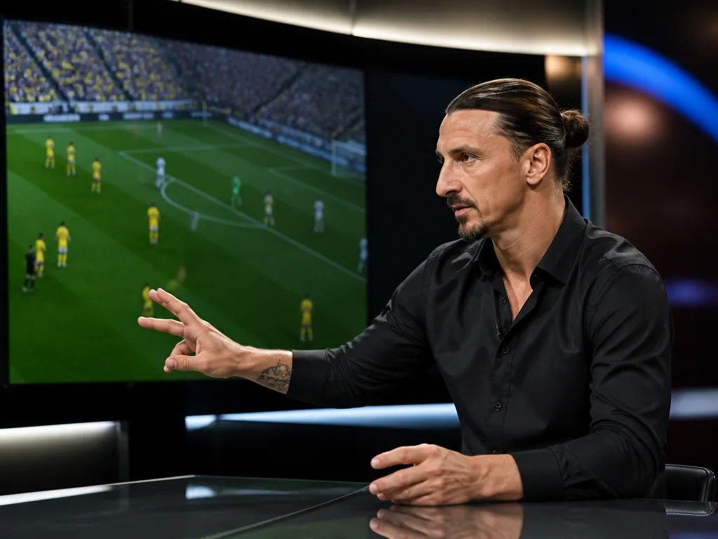 Zlatan Ibrahimovic som analytiker framför en storbildsskärm i en modern TV-studio