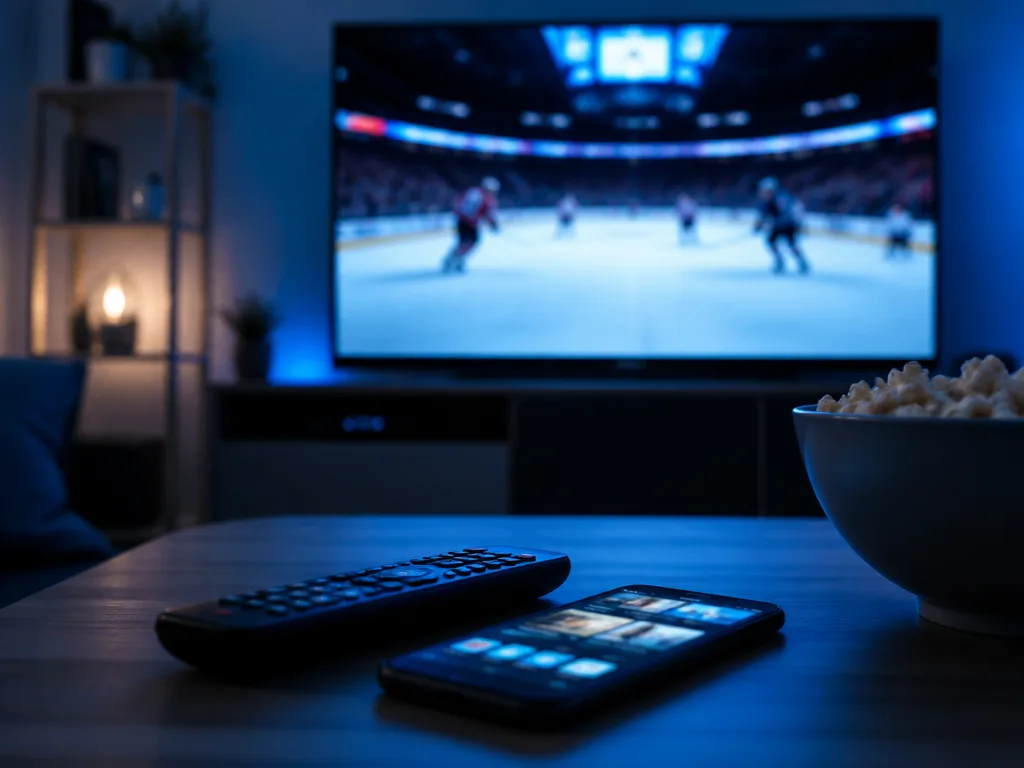 Tv i ett vardagsrum som visar en ishockeymatch, fjärrkontroll och mobil på soffbordet