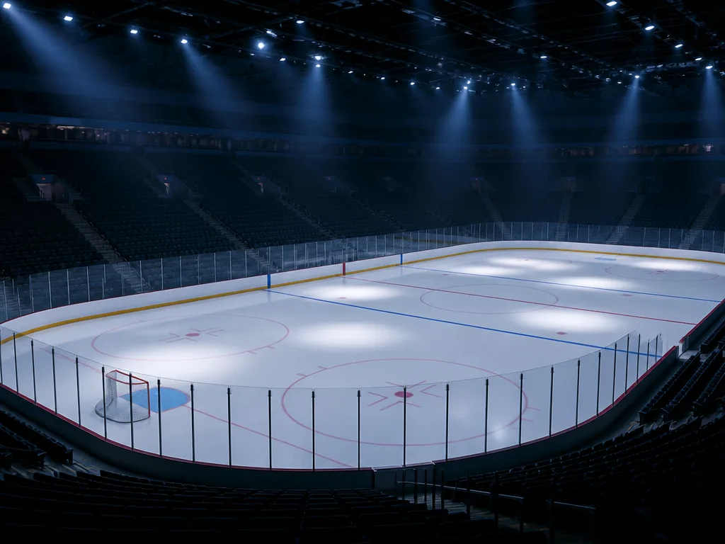 Ishockeyrink i halvmörker strax före matchstart, med publikläktare och en puck på isen.