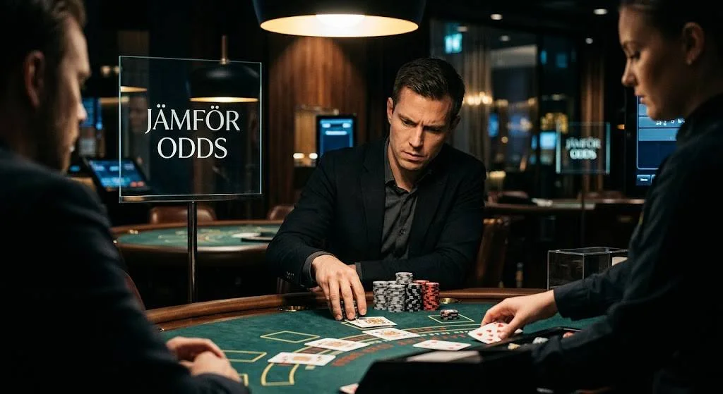 Spelare vid ett kortbord i en casinomiljö med skärmar som visar odds