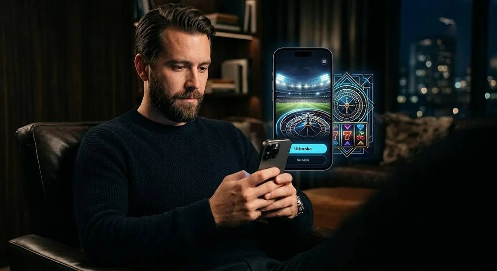 Spelare i en fåtölj med mobilen i handen, där sportodds och casinospel visas sida vid sida i samma app