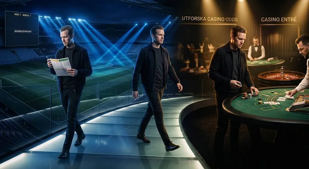 Sportsbettare på väg från en fotbollsarena in mot ett casinobord, en illustration av skiftet mellan sportsbetting och livecasino.